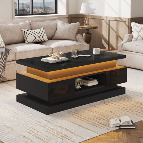 Table basse relevable 100x50x40 cm avec 2 tiroirs, rangement caché, LED pilotée par application, port USB, panneaux de particules, noir brillant (1/5)