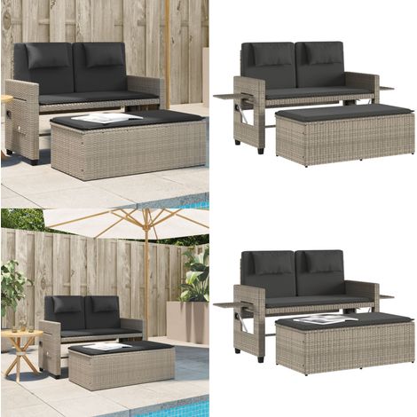 Sillón reclinable de jardín con cojines ratán sintético gris - Banco de jardín - Sofá cama