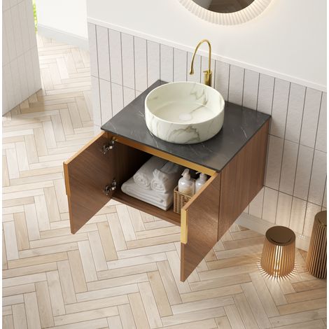 Mueble baño moderno con lavabo cerámico y roble oscuro OKMYHOME (1/5)