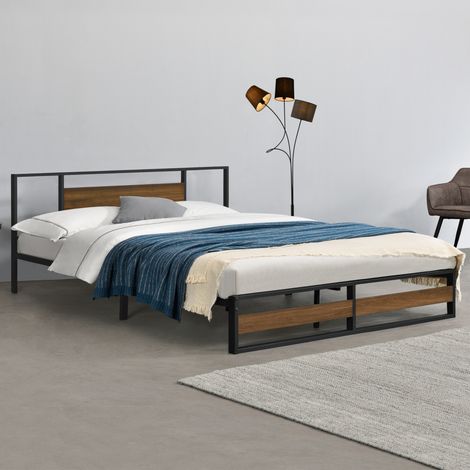 Struttura Letto Matrimoniale Villach King Size in Acciaio 180 x 200 cm - Nero/Effetto Noce [en.casa]