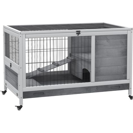 Conigliera 90x53x59 cm con Rampa e 4 Ruote in Legno Grigio (1/5)