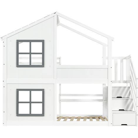 Kinder-Etagenbett 90 x 200 cm mit Treppenstauraum, Dach und Fenstern, Weiß-Grau (1/5)