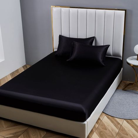 Damier Drap-Housse Noir satiné Soie Brillante Couleur Unie Convient pour Matelas 160 x 200 x 30 cm (1/5)
