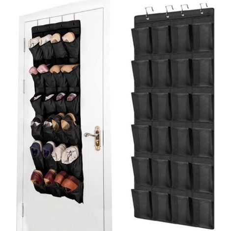 Bardusch - 24 Grandes Jaune Poches Range-Chaussures à Suspendre sur Porte, 55 x160 cm Rangement Chaussures de Porte avec 4 Crochets,Noir (1/4)