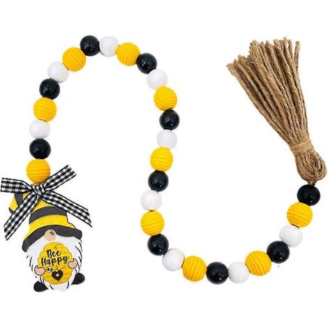 Guirlande de perles en bois avec pompons pour la fête des abeilles - Décoration artisanale pour les fêtes (1/4)