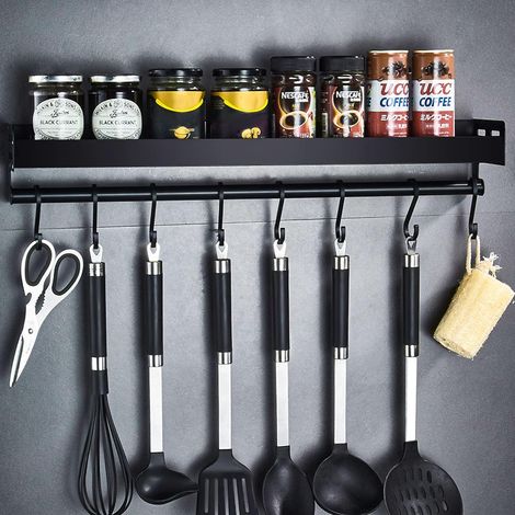 Étagère à Épices,Étagère de Cuisine Murale Sans Perçage Porte-épices avec 6 crochets amovibles,Peut placer des épices,suspendre des spatules,des cuillères et d'autres ustensiles de cuisine