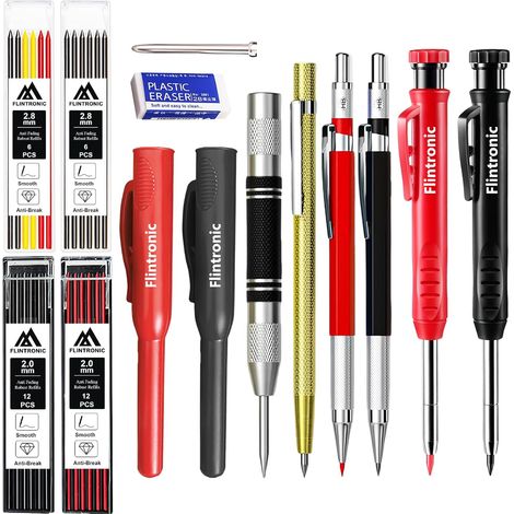 14 Pièces Crayons Charpentier Mécanique avec 40 Recharges, Crayons de Charpentier avec Taille Crayon, Poinçon Central Automatique et Outil de Traçage Carbure, avec 2 Trousse de protection (1/5)