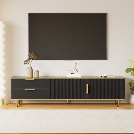 Meuble TV lowboard avec structure sculptée, poignées et pieds dorés, meuble TV pour salon (1/5)