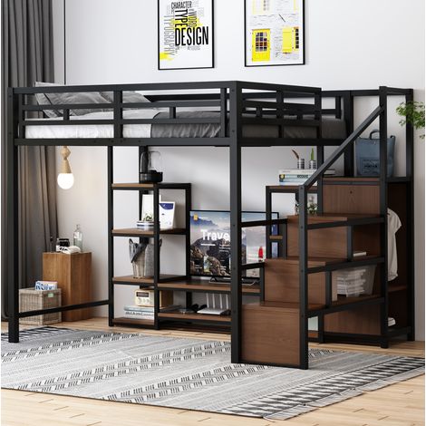 Cama alta 140 x 200 cm con soporte TV, enchufe y escalera de almacenaje, metal y MDF negro HAVRYA (1/5)