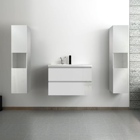 Ocean ensemble meuble salle de bain 80 cm blanc brillant avec 2 tiroirs à fermeture automatique, lavabo céramique simple + colonne haute x2, suspendu