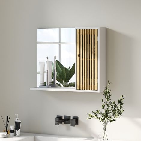 Badezimmerspiegel 60x50 cm Wandspiegel mit Bambuslamellentür und Ablagefächern, weiß und natur