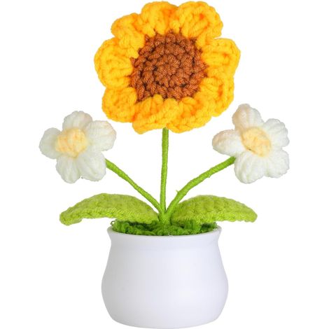 Fleurs artificielles au crochet, plante en pot, mini pot de fleurs tricoté à la main, petit pot de fleurs fait main pour la décoration de la maison, du bureau ou d'une table.-AquaForge (1/5)