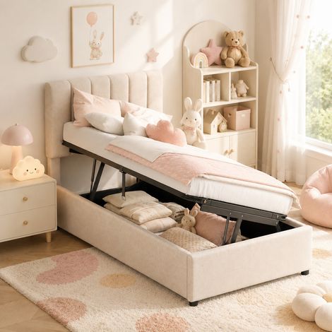 Lit 90x200 cm, lit coffre simple avec rangement hydraulique, tête de lit à rayures réglable, sommier à lattes intégré, cadre métal et lin beige, pour petit espace chambre enfant