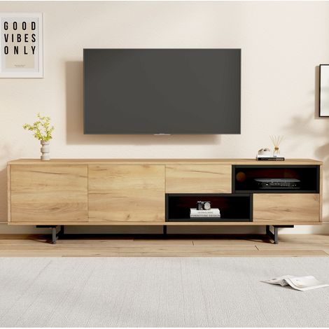 TV-Schrank 173x38x48 cm Holzfarbe aus Spanplatte mit Türen, Schubladen und offenen Fächern (1/5)