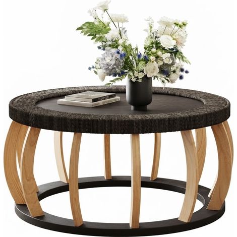 ELVMI Table Basse Ronde avec Pieds Courbés, Détails en Rotin, pour Salon, en Bois Massif et MDF, Noir Marron (1/5)