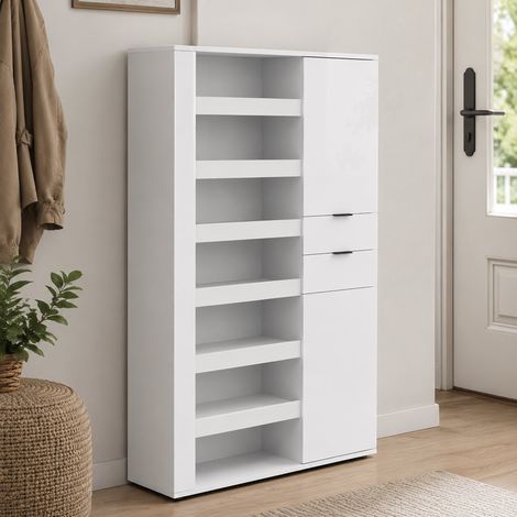 Zapatero Redondo, Mueble para Zapatos 8 Estantes, 2 Cajones Hecho en Italia, 28 Pares, 120x35x178h cm Blanco Brillante (1/5)
