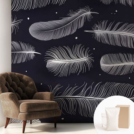 Papier peint intissé décoratif pour chambre et salon Design moderne à poser facilement - Colle incluse gratuite Plumes subtiles 250x250 cm (1/5)