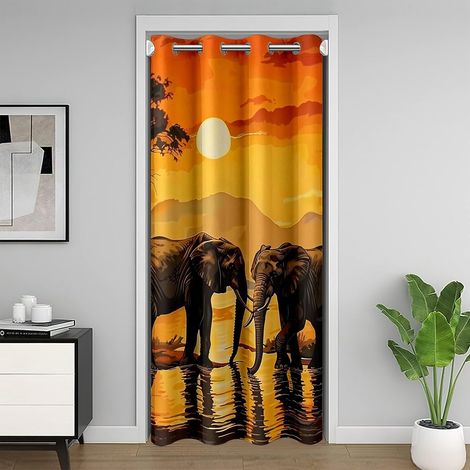 Rideau de Porte Éléphant Animal Rideau Occultant 86x203 Éléphants Africains Imprimer Rideaux Porte Safari Sauvage Thème Rideaux de Placard Esthétique Nature Coucher de Soleil - 86L X 203H cm (1 Pannea (1/5)