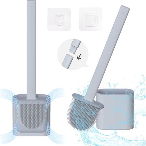 Brosse de toilette en silicone avec support mural à long manche antibactérien flexible plat à séchage rapide brosse de toilette gris (1/2)