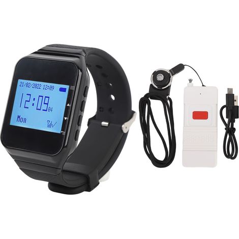 Système d'appel sans fil avec 1 montre réceptrice, 1 bouton d'appel, étanche IPX4, modes vibreur et buzzer. Système de radiomessagerie sans fil pour restaurants, hôtels et cafés. (1/5)