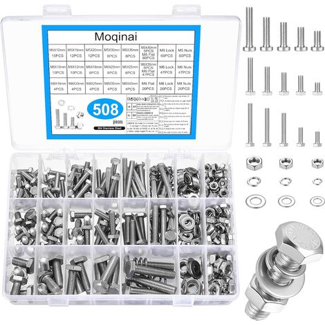 Set de Vis Hexagonales Inox M5 M6 M8, Vis et Écrous Métriques, Assortiment de Boulons à Tête Hexagonale, Set de Visserie en Acier Inox avec Rondelles et Ressorts (1/5)