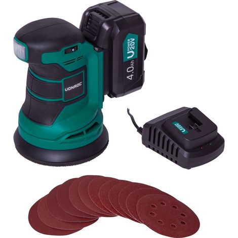 Vonroc – Ponceuse excentrique sans fil 20V – 125 mm – Vitesse variable 5000-10000 tr/min – Avec batterie 4.0Ah et 12 feuilles abrasives
