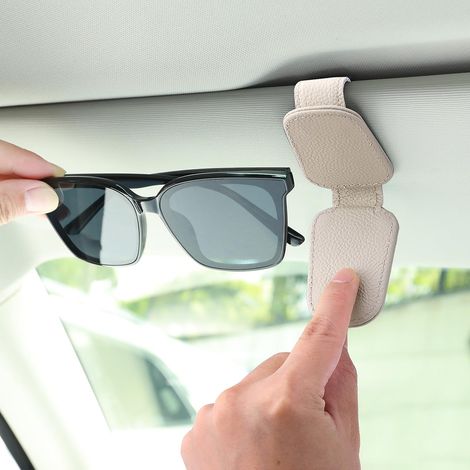 Porte-Lunettes de Soleil pour Pare-Soleil de Voiture, Porte-Lunettes magnétique en Cuir avec Pince à Carte Prolongateur de Lunettes de Soleil pour Voiture Accessoires de Voiture (Beige) (1/5)
