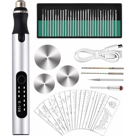 Stylo Graveur Électrique, Graveur Électrique Mini Outil Graver Bricolage, Mini Stylo De Gravure USB Rechargeable Stylo Graveur Multifonctionnel, Pour Bijoux Métal Verre Pierre Plastique Bois (1/4)