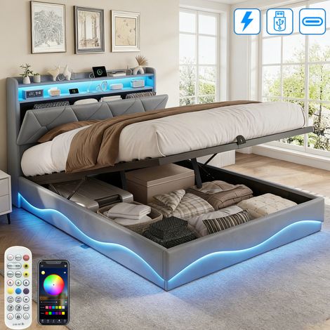 Lit Hydraulique 160x200CM avec Sommier LED et USB Tpye C, Lit Coffre avec Rangement, Lit Double capitonné, 2 Personne, Velours Gris (1/5)
