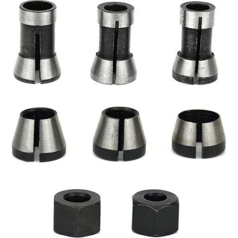 6Pcs Mandrin de Fraiseuse, 6 mm 6.35 mm 8 mm Collet Mandrin Affleureuse, Mandrin de Fraise à Bois, Pince de Serrage Defonceuse, Adaptateurs de Pince pour Machine à Graver +2 Écrous (1/5)