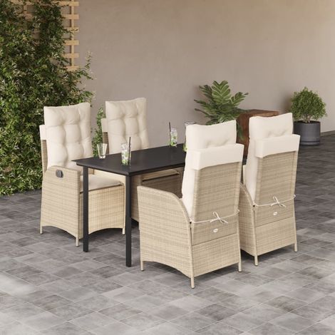 Ensemble de Jardin 5 Places Table 140x70 cm + 4 Fauteuils Polyrotin Beige Dossiers Inclinables et Coussins (1/5)