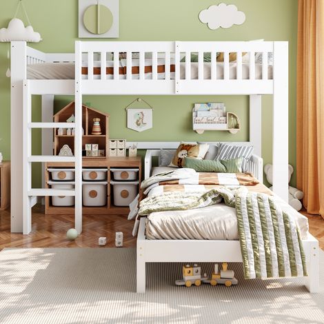 Lit superposé 90x200 cm bois massif avec barrière de sécurité - Lit modulable enfant, convertible en lits simples - style moderne blanc (1/5)