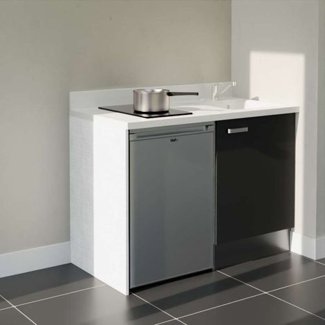 Kitchenette K08L - 120 cm avec plan monobloc et emplacement frigo top-Noir-Snova-évier à droite