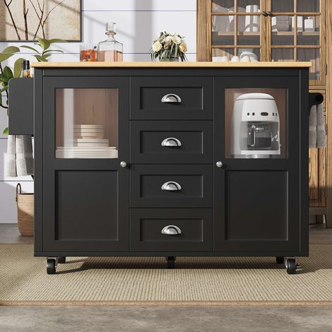 Îlot de cuisine mobile avec roulettes, plateau extensible, 4 tiroirs, 2 portes, rangement réglable, porte-épices et porte-serviettes noir/blanc (1/5)