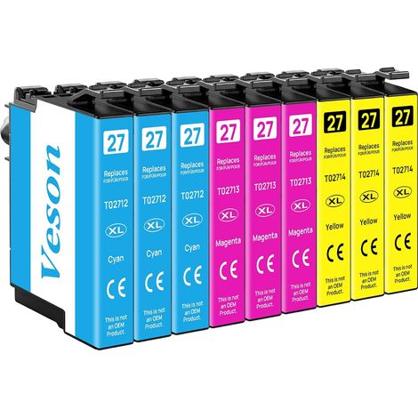 27XL Cartouches d'encre pour Epson 27XL Couleur, compatibles avec Epson Workforce WF-3620 WF-3640 WF-7110 WF-7210 WF-7610 WF-7620 WF-7710 WF-7715 et WF-7720 (3 Cyan, 3 Magenta, 3 Jaunes) (1/5)