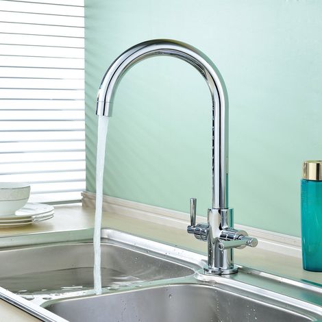 Kitchen Sink Mixer Tap Monobloc Swivel Spout Chrome Brass, Twin Lever Control, with Hose & Fittings (1/5)