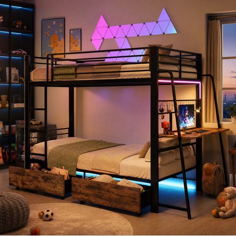 Cama alta 140x200 cm negra de metal y MDF con escritorio, LED RGB y almacenamiento (1/5)