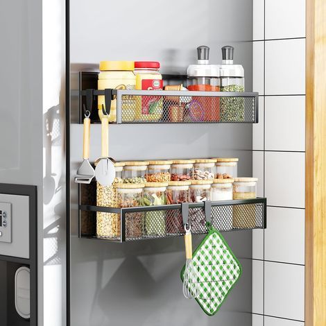 Porte-épices magnétique pour réfrigérateur - Lot de 2 étagères magnétiques, organisateur frigo avec 4 crochets amovibles, étagère magnétique pour rangement et organisation de cuisine(2 PACK) (1/5)