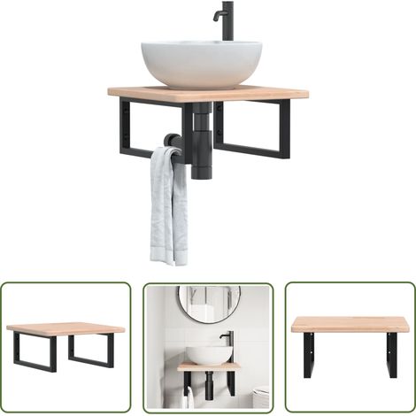 The Living Store Étagère de vasque murale acier et bois de chêne massif - Meuble De Salle De Bain - Étagère Murale - Étagère De Lavabo - Meuble Suspendu - Rangement Salle De Bain (1/5)