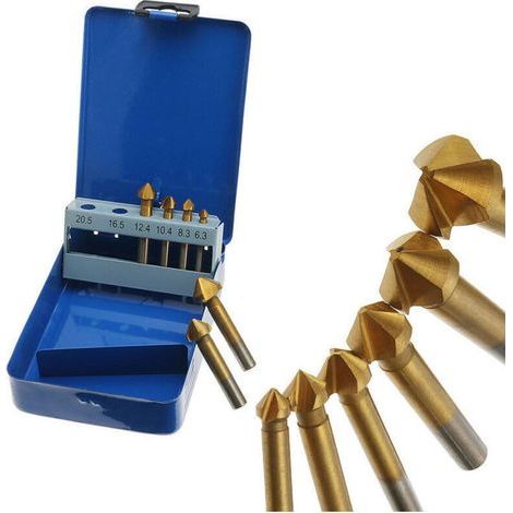 Ensemble forets à fraiser - Ensemble forets à fraiser à 90 degrés HSS, fraise à chanfreiner pour le travail du bois en métal, foret à chanfreiner revêtu titane HSS 6.3-20.5mm, 6pcs(Blue Iron Bo (1/4)