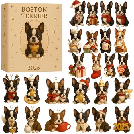 Calendrier de l'Avent Boston Terrier 2025 – 24 jours, décoration acrylique 2D, pendentif calendrier de l'Avent – Idéal pour l'école, la chambre d'étudiant, les fêtes, un anniversaire, le bureau, la ma (1/5)