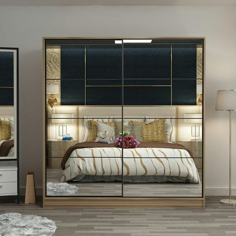 Armoire penderie portes coulissantes, effet bois & miroir BYRON (1/5)