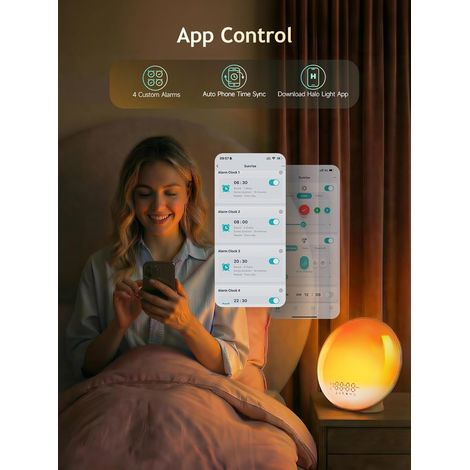 Reveil Lumineux, Radio Réveil Simulateur d'Aube avec Contrôle App, 4 Alarmes, Snooze, Calibrage Automatique de l'Heure, Lumière de Réveil avec 7 Sons Naturels, 12 Couleurs Lampe de Chevet (1/4)