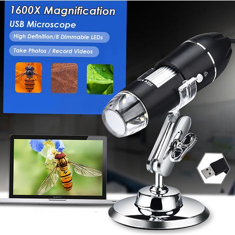 Microscope numérique 3 en 1 USB, micro USB et Type-C, grossissement 1600x, caméra, 8 LED, support inclus, compatible Android, Windows XP, 7, 8, 10, Vista, Linux et Mac. Loupe d'inspection portable et (1/2)