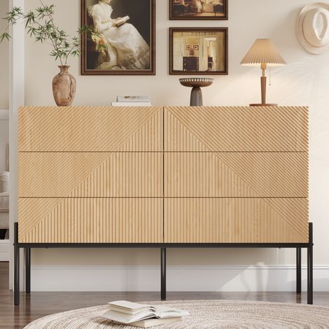 Credenza in MDF naturale con 6 cassetti, frontali 3D geometrici e base in metallo nero, 115,5 x 38 x 75 cm (1/5)
