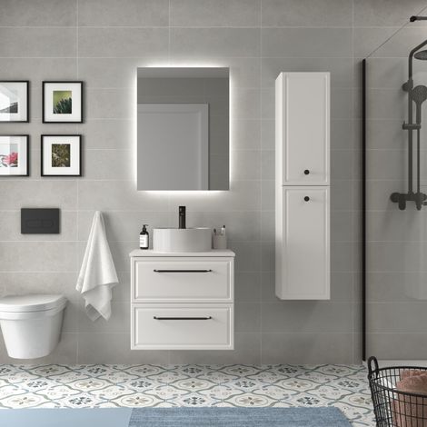 Mueble de Baño RUNA 60cm Blanco Mate 2 cajones Lavabo sobre encimera 1 poza Porcelana (1/5)