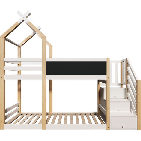 Cama litera infantil 90 x 200 cm con pizarra, almacenaje y seguridad, madera natural y blanco (1/5)