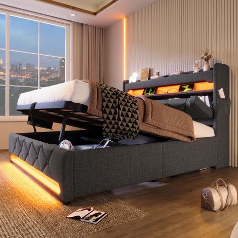 Polsterbett Einzelbett, Stauraum Kopfteil mit USB und Typ C-Port ,360-Surround-LED-Funktion rund um Kopf- und Fußende des, Betten mit Hydraulisch Stauraum, Leinen(Ohne Matratze)