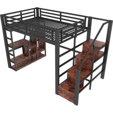 Lit mezzanine 140 x 200 cm, cadre en fer, compartiment de rangement, marches intégrées, barrière de protection, échelle, avec bande lumineuse LED, espace de rangement ouvert sous le lit, matelas non i (1/5)