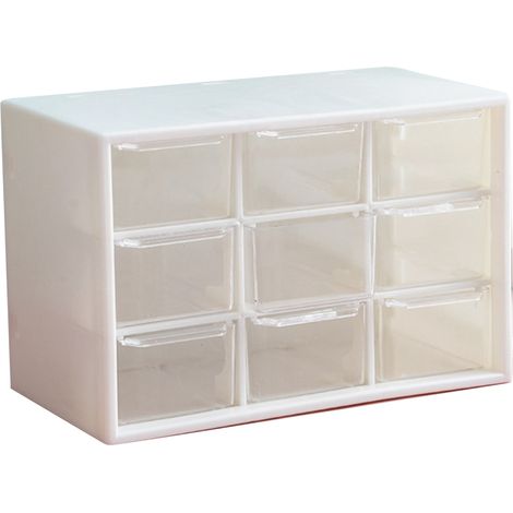 Boîte de rangement de bureau en plastique anti-poussière, multifonctionnelle, avec 9 tiroirs, pour articles de maquillage, bijoux et autres accessoires (blanche). (1/5)